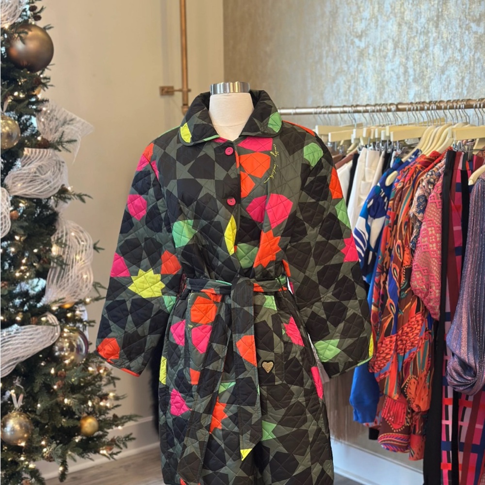 Black and GreenTrench Coat with Abstract Pattern and Tie Belt.